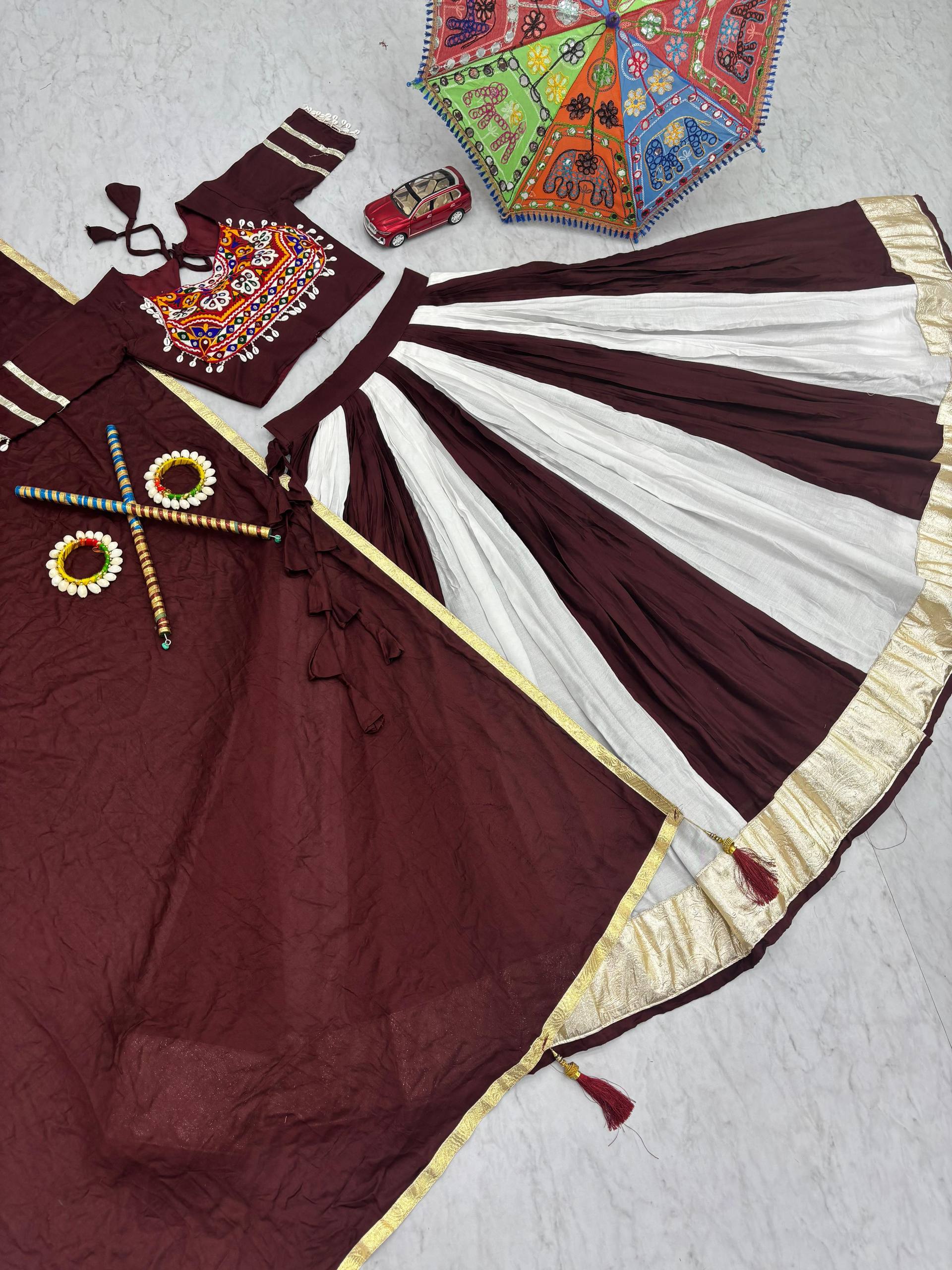Precious Brown Cotton Gamathi Work Lehenga Choli For Navratri