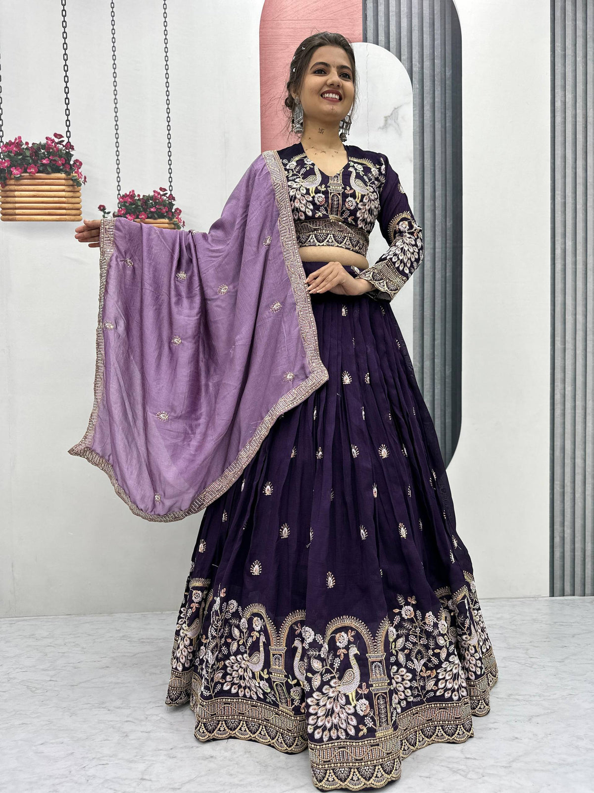Marvelous Purple Vichitra Silk Embroidery Lehenga Choli