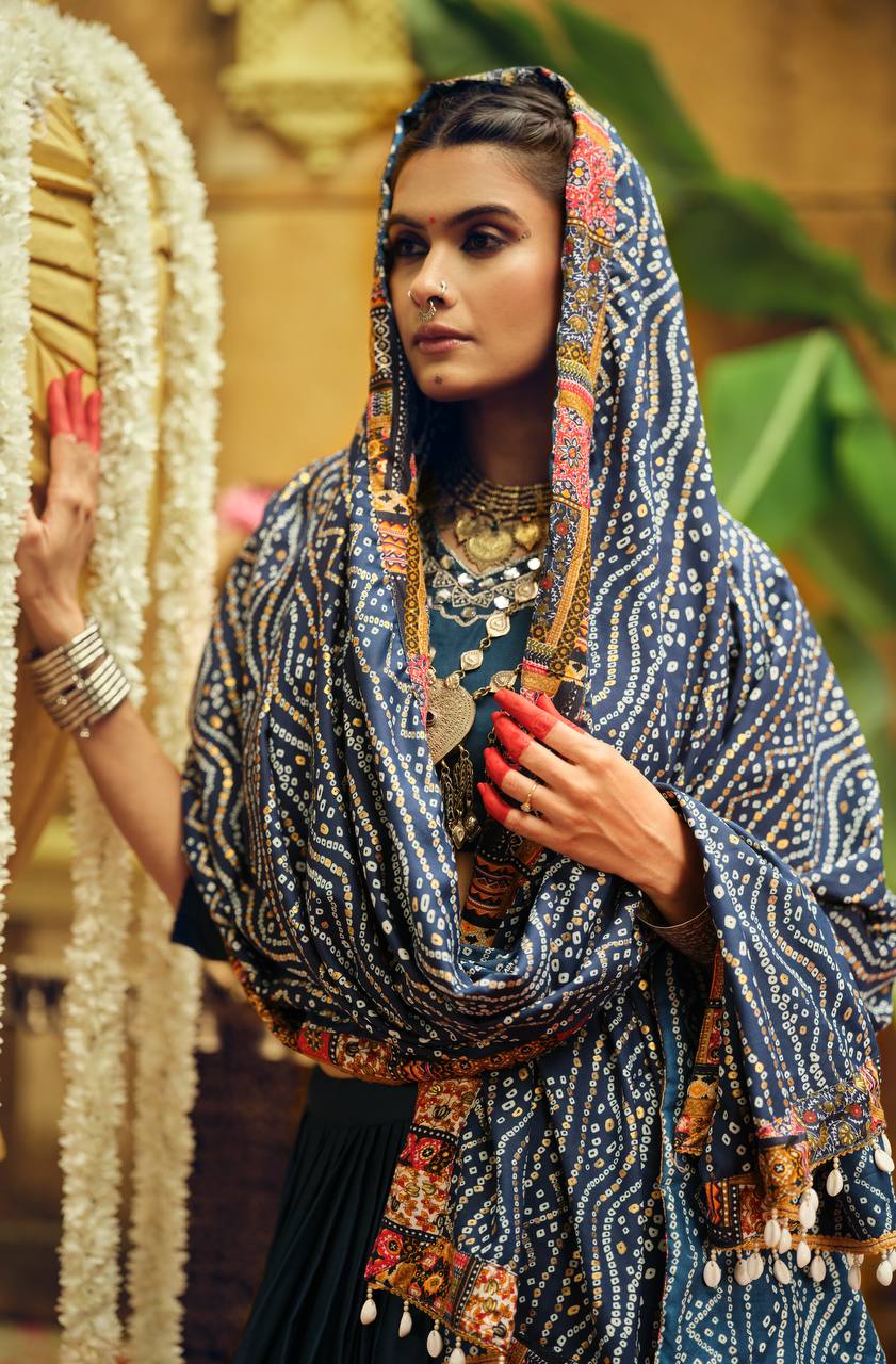 Ravishing Teal Blue Rayon With Foil Print Lehenga Choli