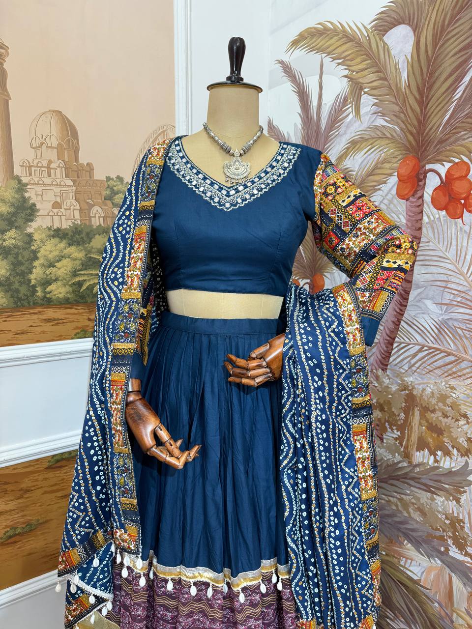Ravishing Teal Blue Rayon With Foil Print Lehenga Choli