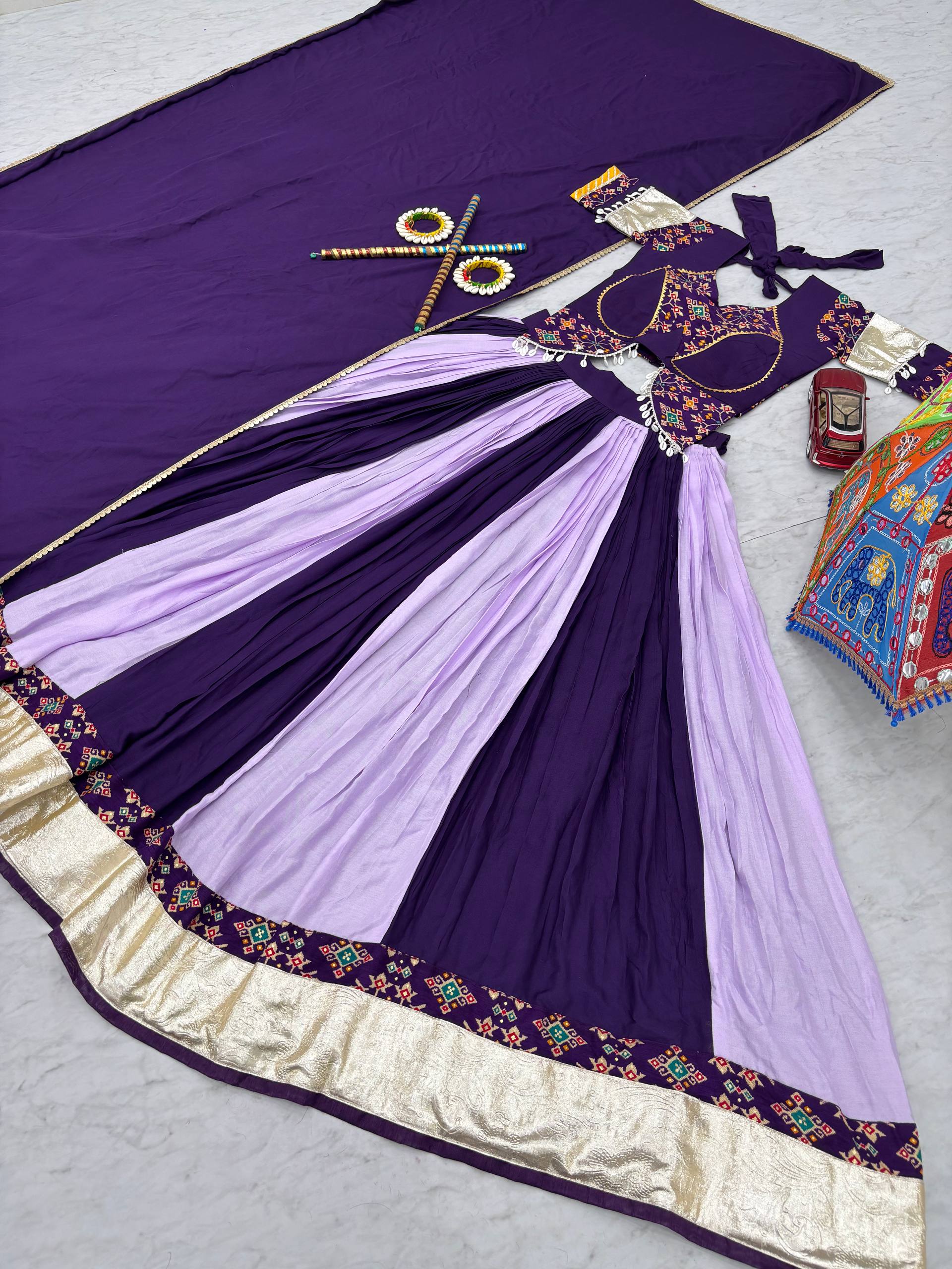 Trendy Purple Cotton Ribbon Work Lehenga Choli For Navratri