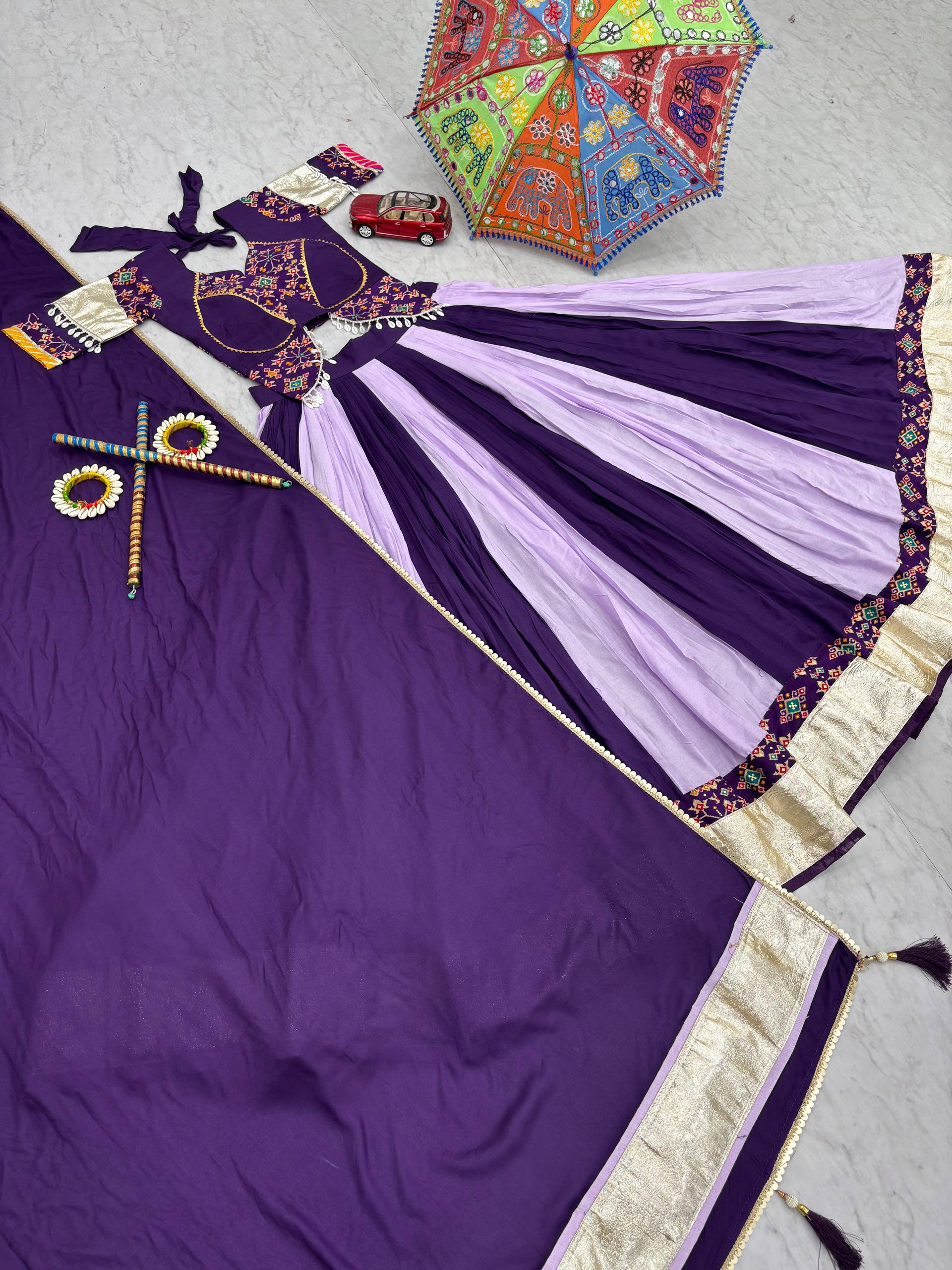 Trendy Purple Cotton Ribbon Work Lehenga Choli For Navratri