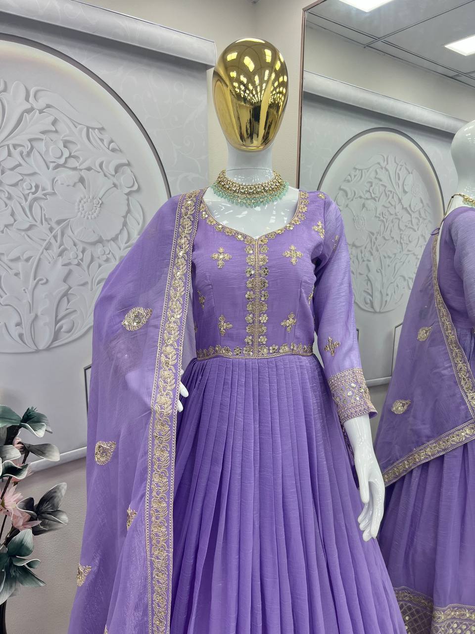 Stylish Lavender Silk Embroidery Work Gown