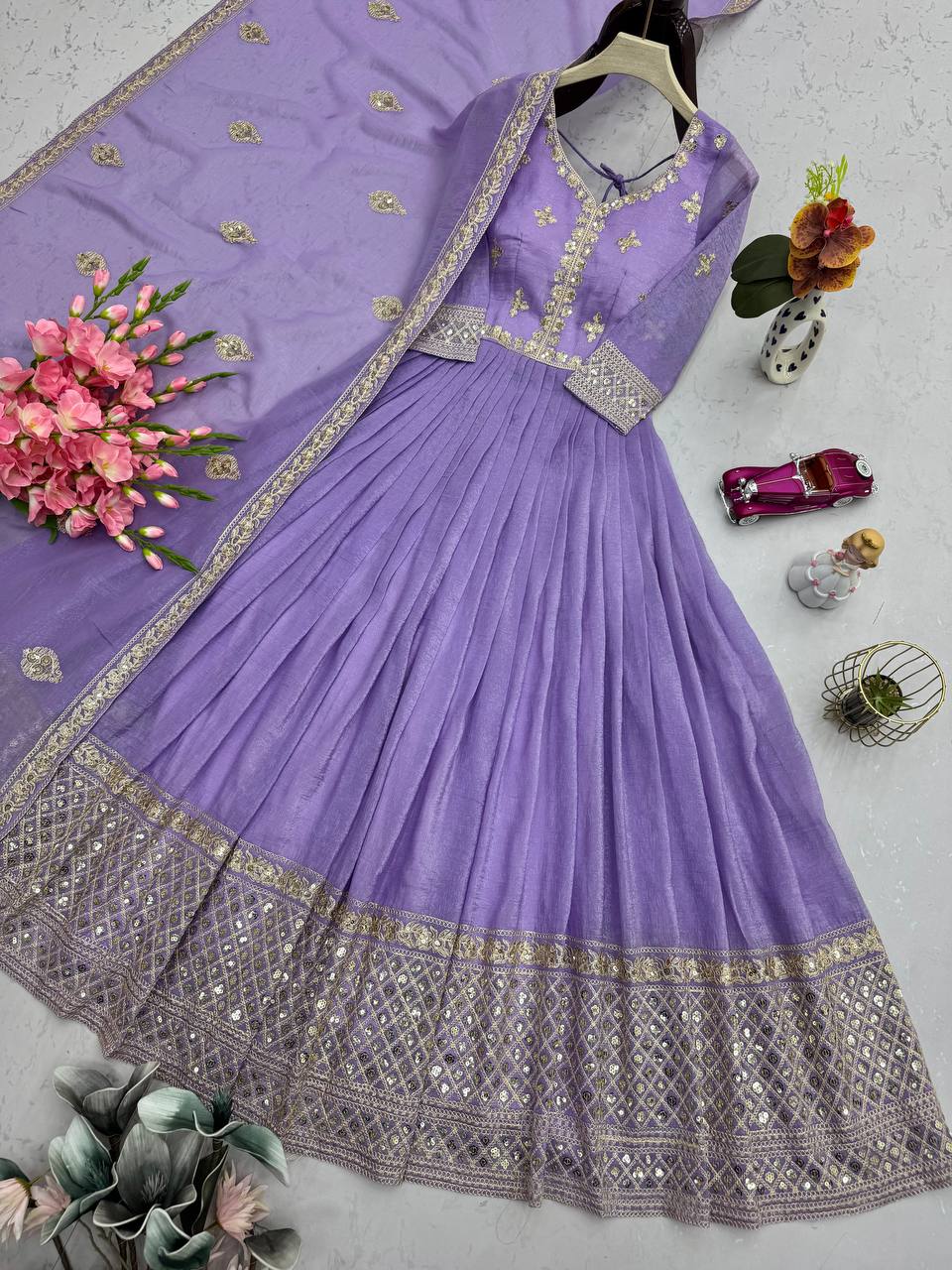 Stylish Lavender Silk Embroidery Work Gown