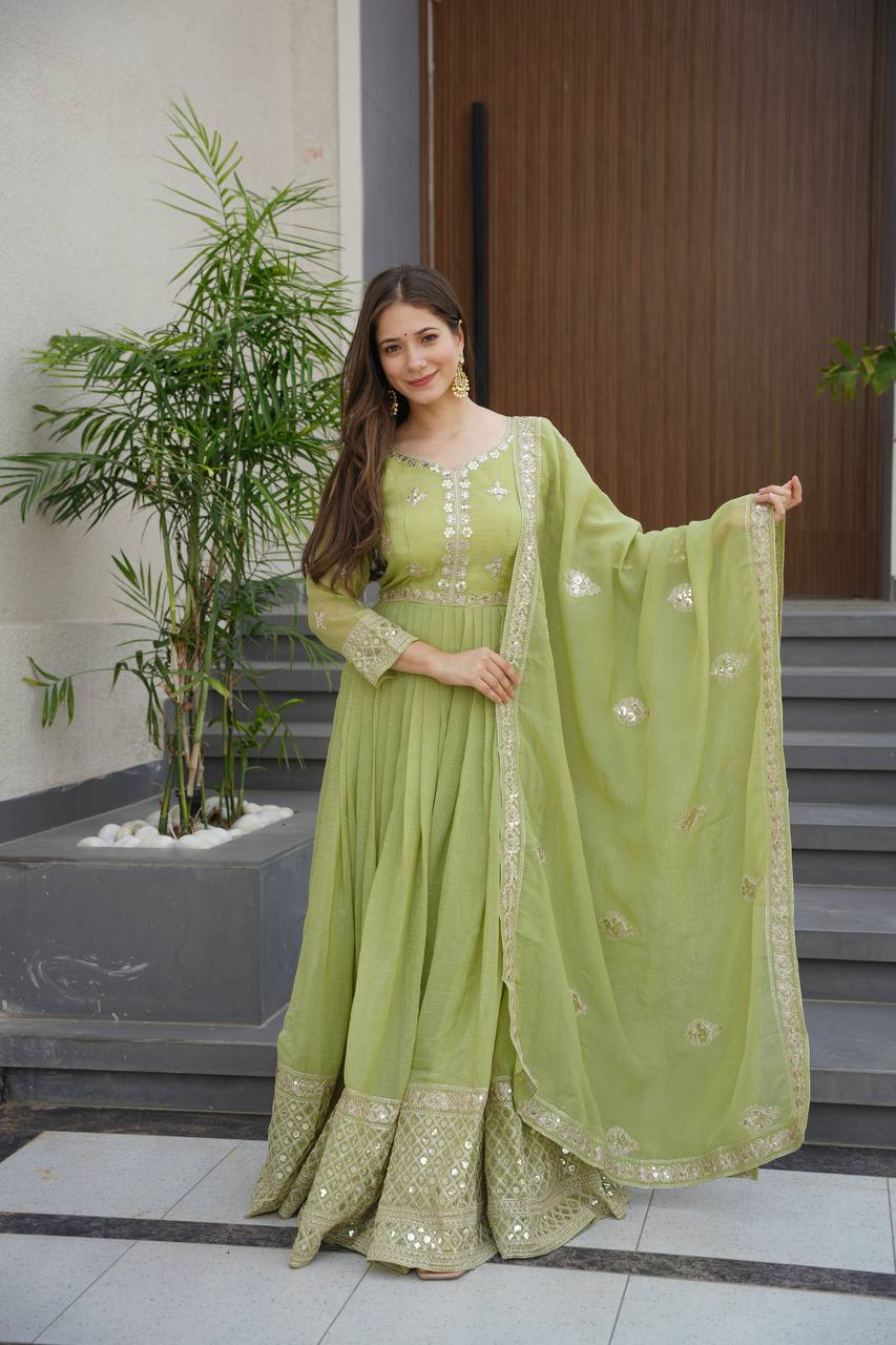 Stylish Lavender Silk Embroidery Work Gown