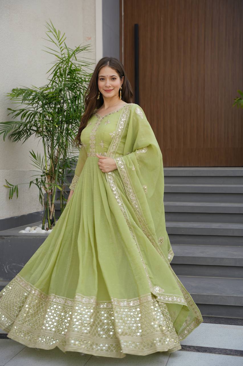 Stylish Lavender Silk Embroidery Work Gown