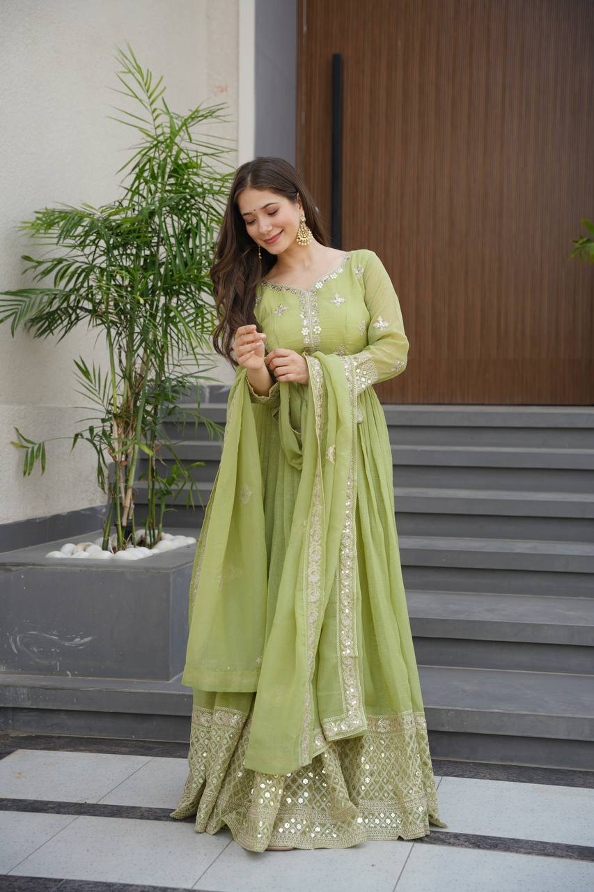 Stylish Lavender Silk Embroidery Work Gown