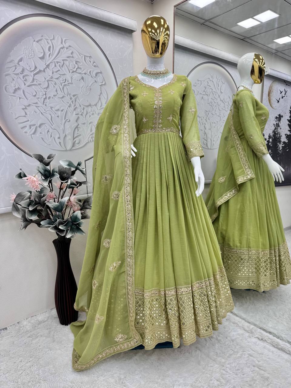 Stylish Lavender Silk Embroidery Work Gown