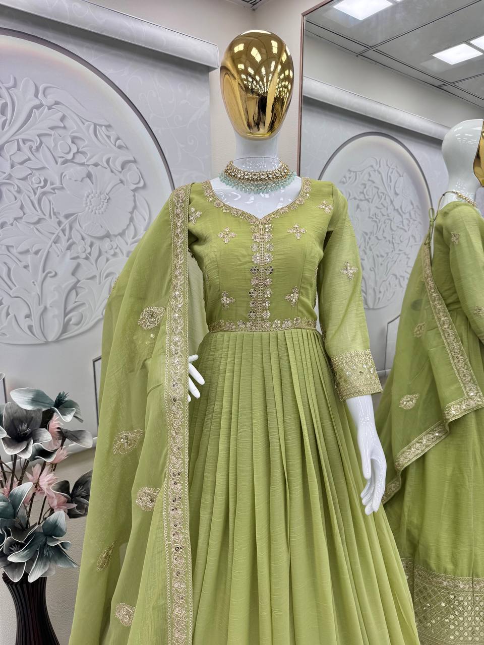 Stylish Lavender Silk Embroidery Work Gown