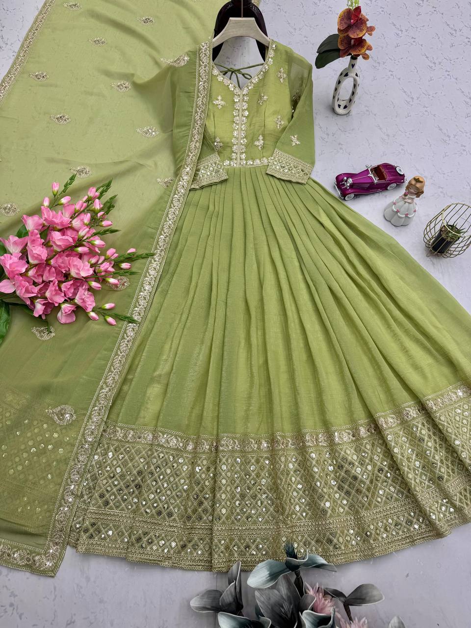 Stylish Lavender Silk Embroidery Work Gown