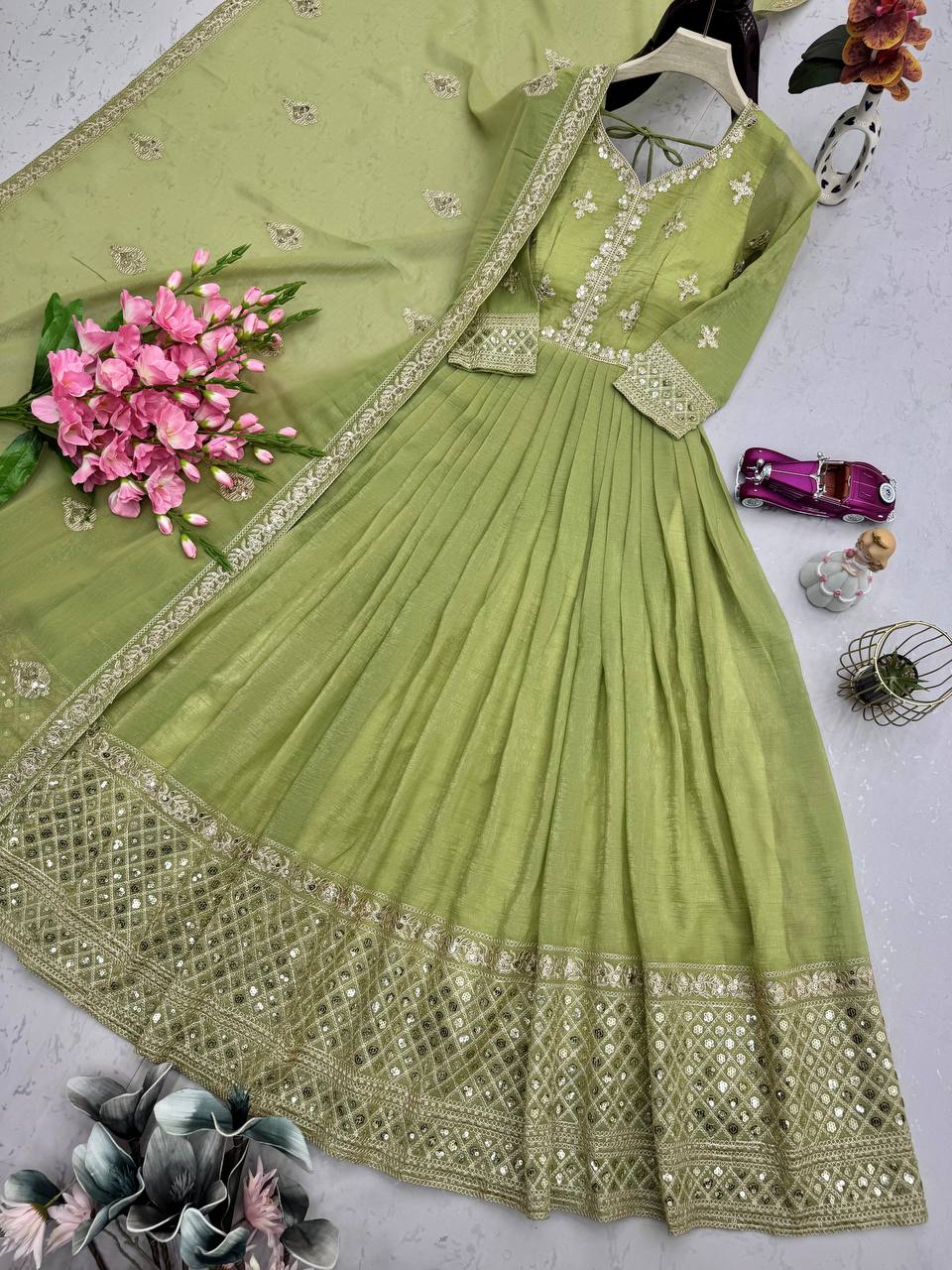 Stylish Lavender Silk Embroidery Work Gown