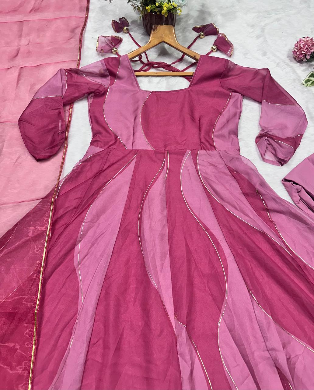 Lovely Pink Organza Foil Work Gown With Palazzo