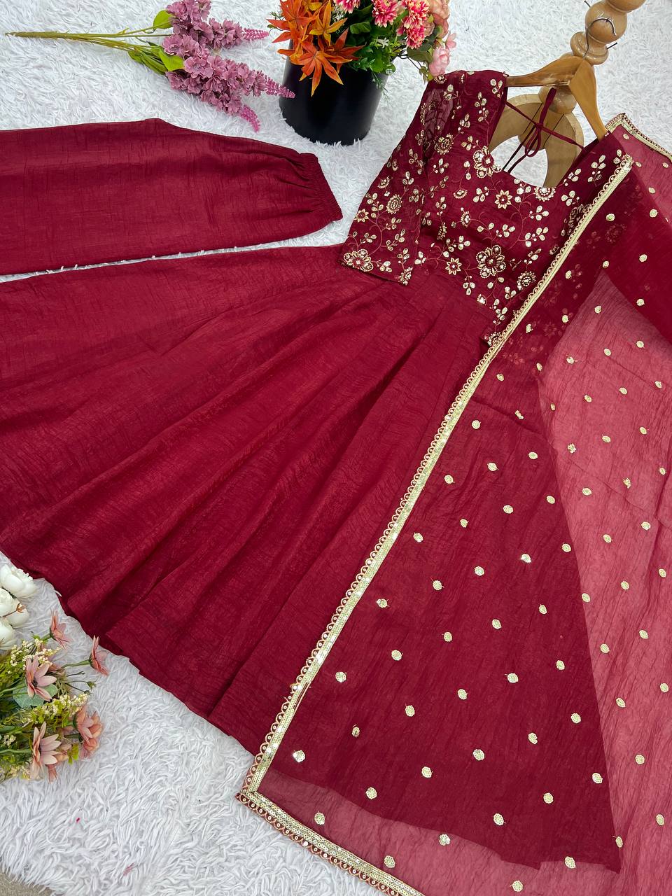 Graceful Red Silk Embroidery Work Gown