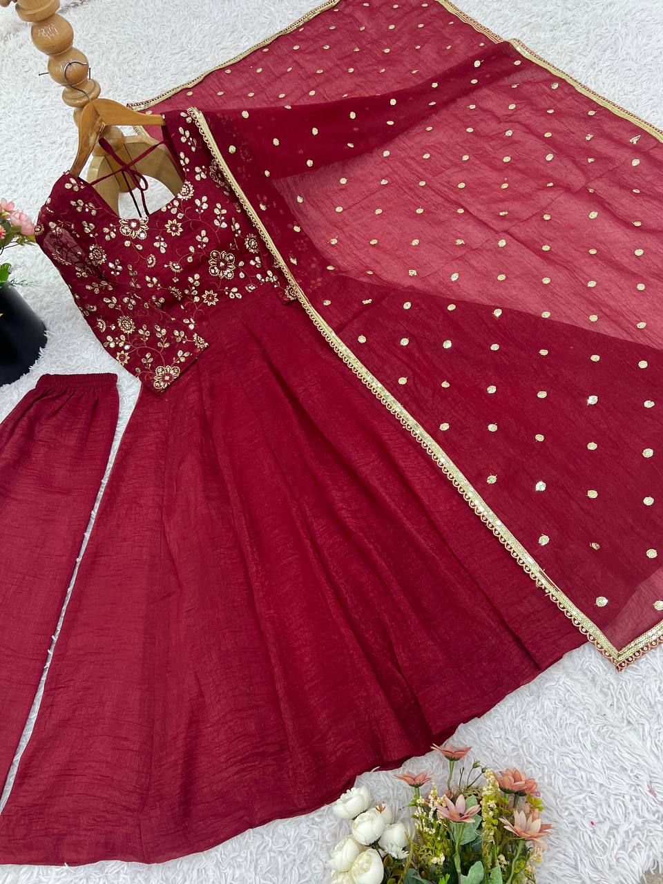Graceful Red Silk Embroidery Work Gown