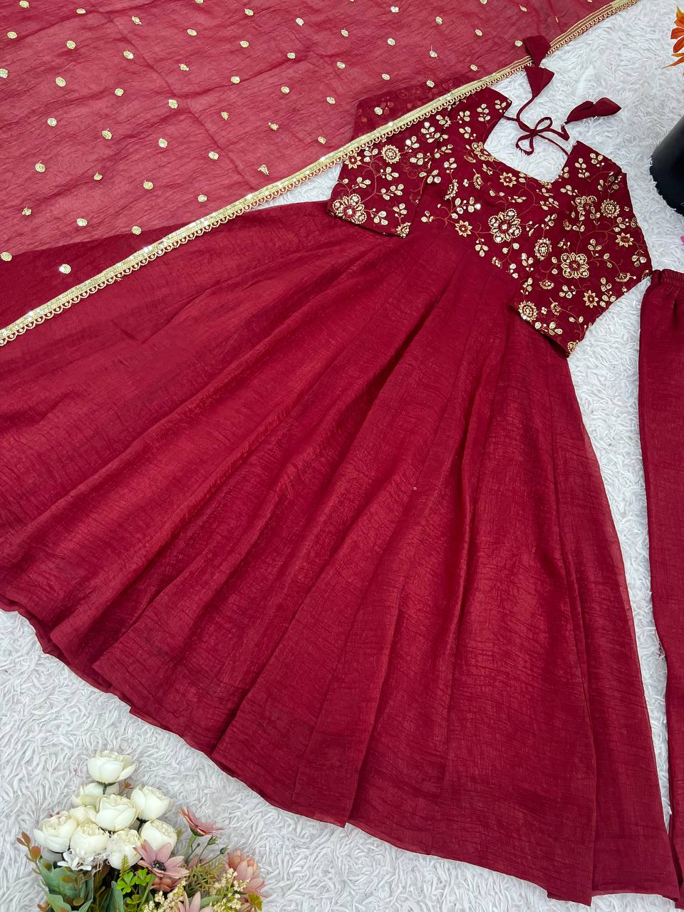 Graceful Red Silk Embroidery Work Gown