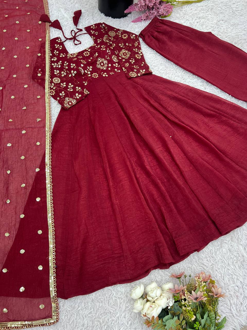 Graceful Red Silk Embroidery Work Gown