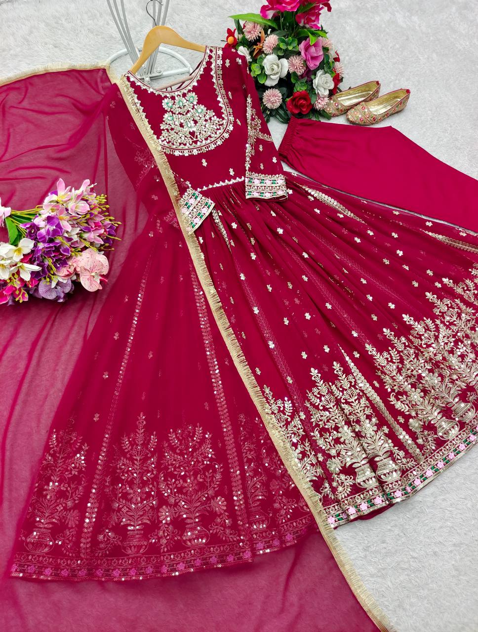 Designer Red Georgette Embroidery Work Gown