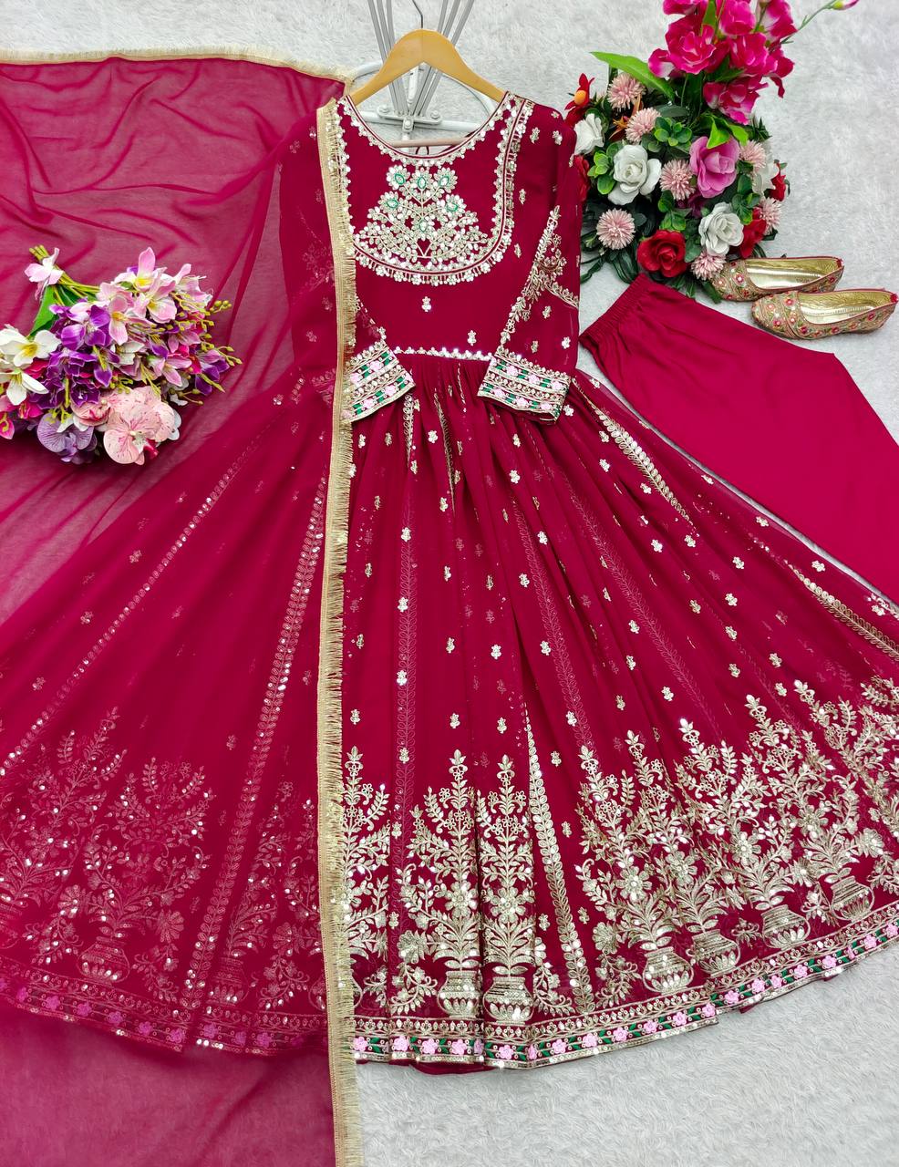 Designer Red Georgette Embroidery Work Gown