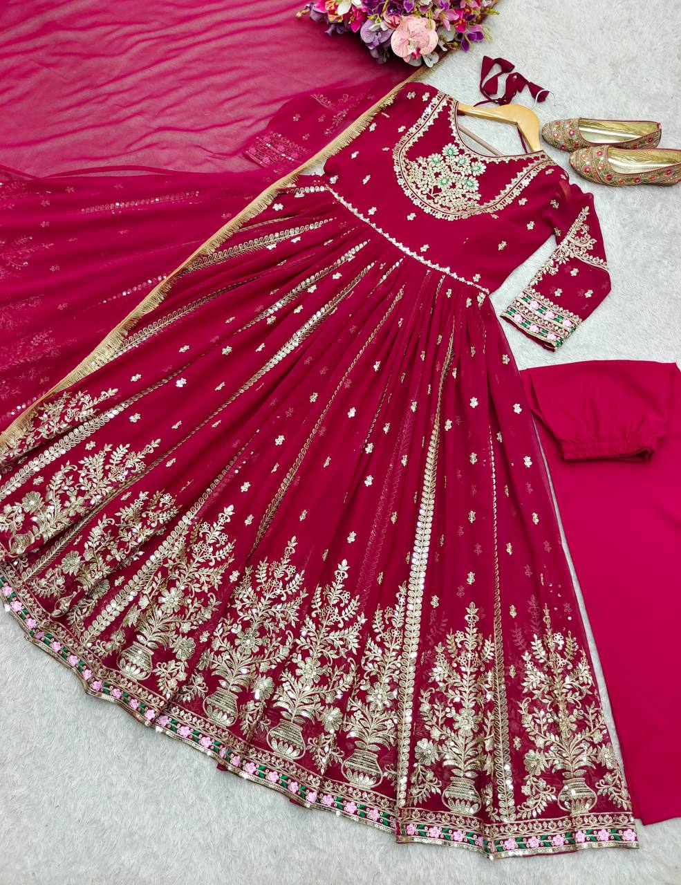 Designer Red Georgette Embroidery Work Gown
