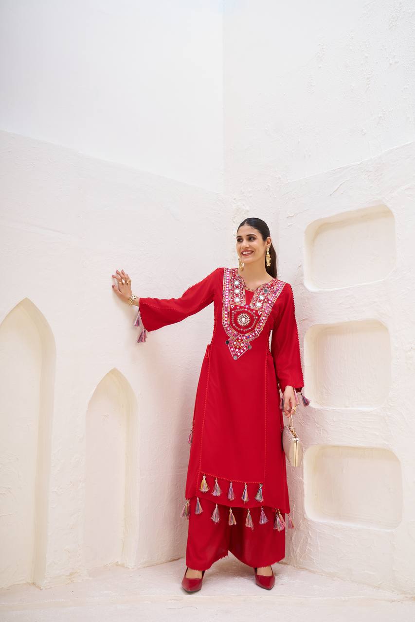Trendy White Reyon Thread Work Palazzo Suit