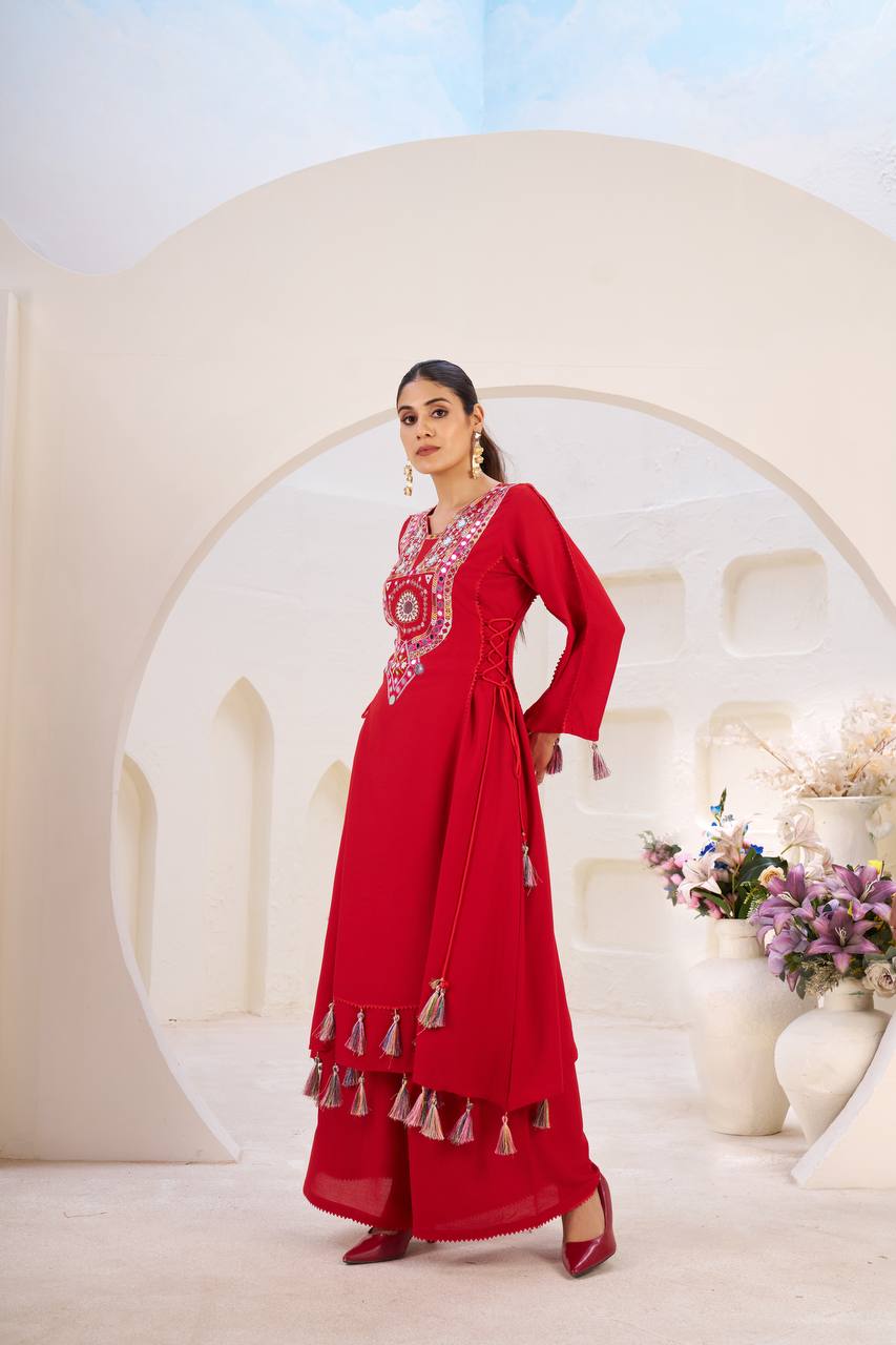 Trendy White Reyon Thread Work Palazzo Suit