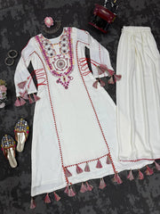 Trendy White Reyon Thread Work Palazzo Suit