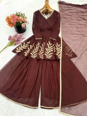 Pretty Brown Color Georgette Embroidered Work Sharara Suit