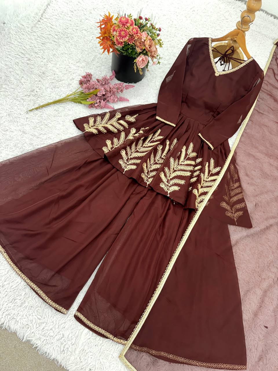 Pretty Brown Color Georgette Embroidered Work Sharara Suit