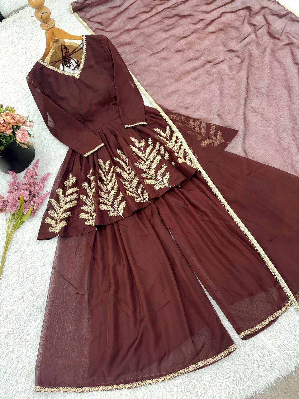 Pretty Brown Color Georgette Embroidered Work Sharara Suit