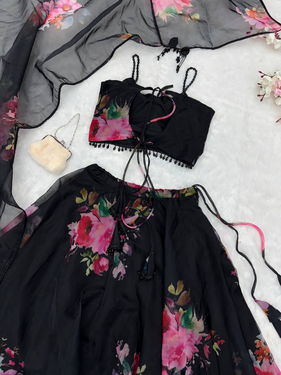 Graceful Black Organza Floral Work Lehenga Choli