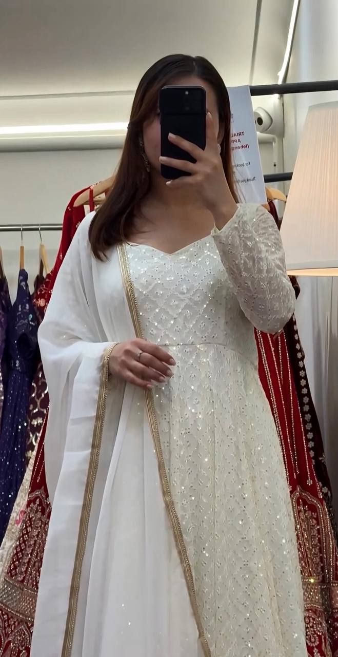 Pretty White Faux Blooming Embroidery Anarkali Suit