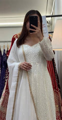 Pretty White Faux Blooming Embroidery Anarkali Suit