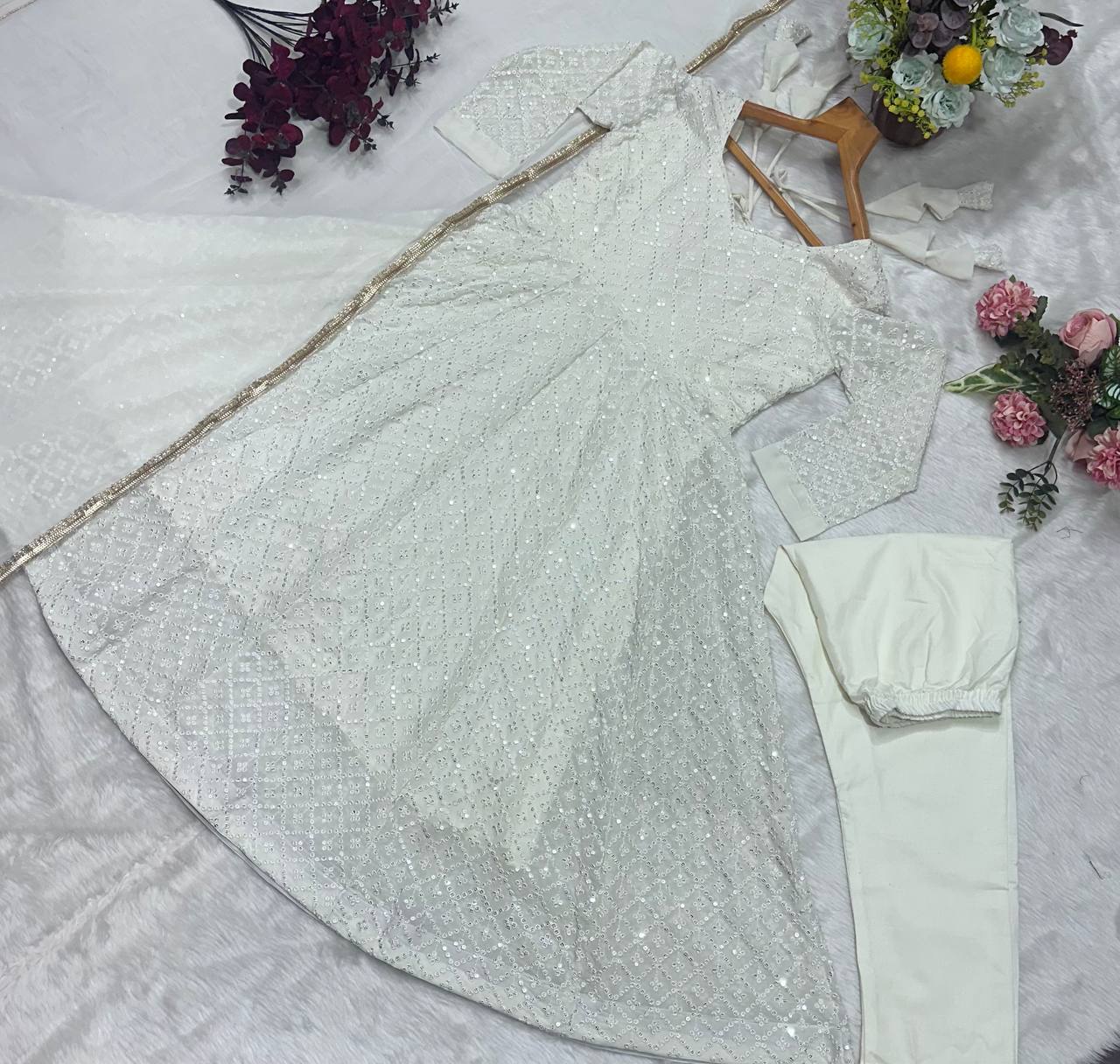 Pretty White Faux Blooming Embroidery Anarkali Suit