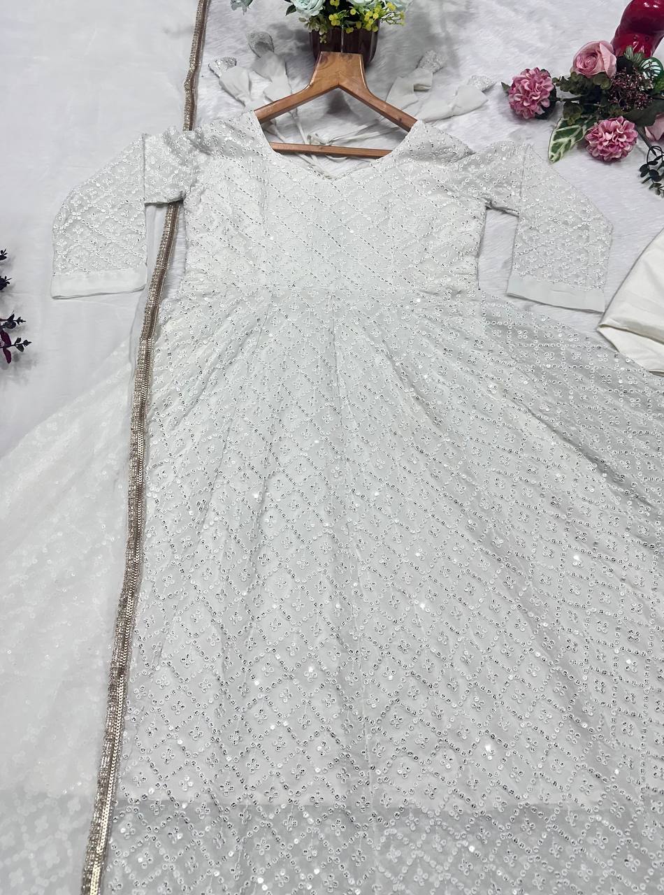 Pretty White Faux Blooming Embroidery Anarkali Suit