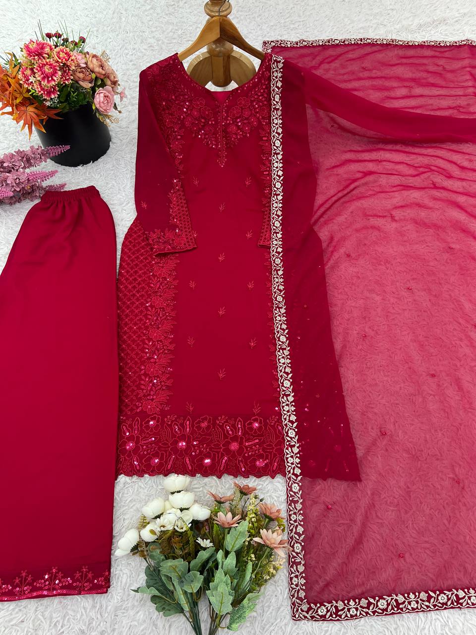 Lovely Maroon Georgette Embroidery Straight Salwar Suit