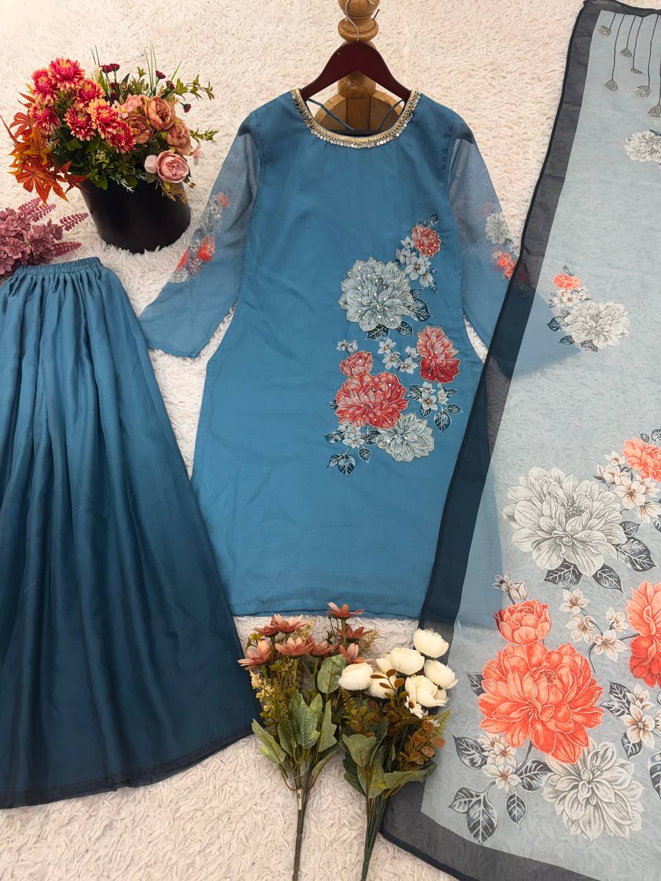 Trendy Sky Blue Georgette Digital Print Sharara Suit