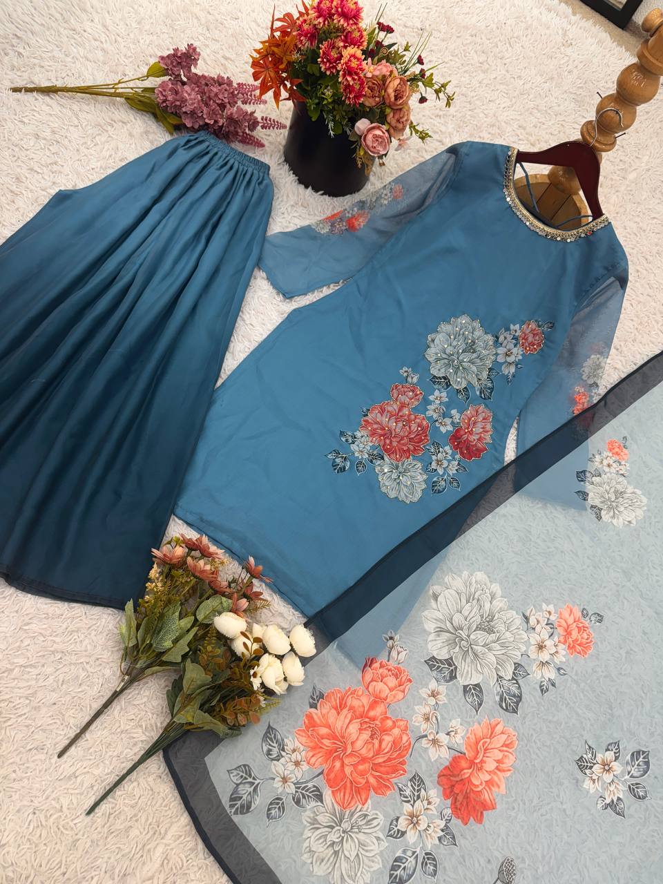 Trendy Sky Blue Georgette Digital Print Sharara Suit
