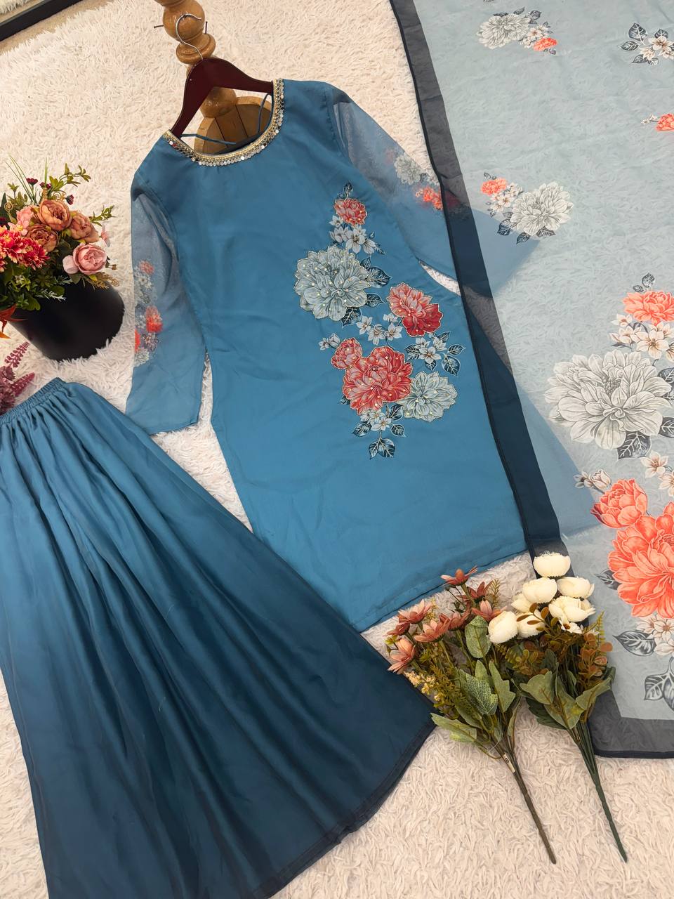 Trendy Sky Blue Georgette Digital Print Sharara Suit