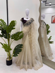 Lovely Cream Organza With Coding Work Saree
