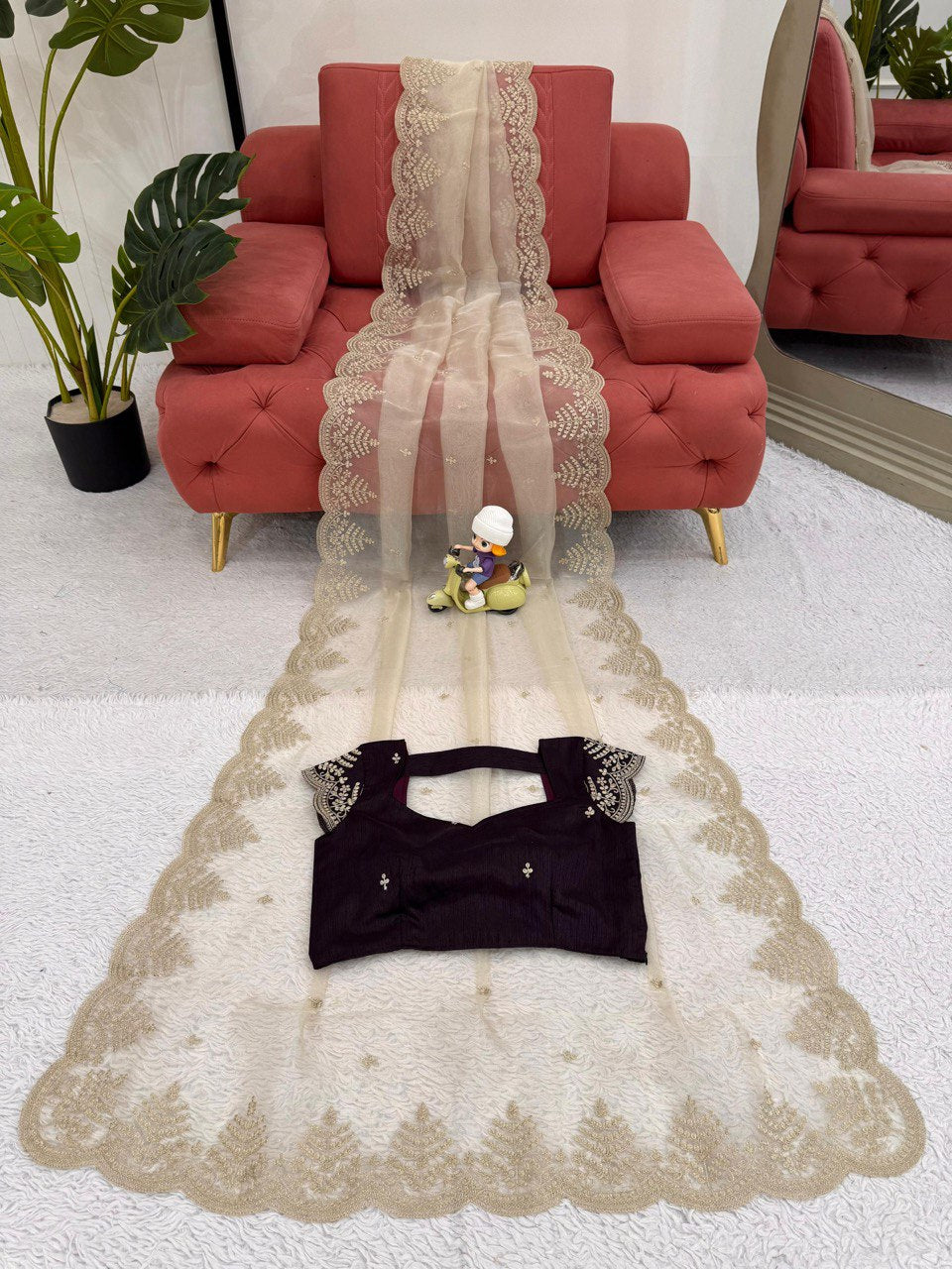 Lovely Cream Organza With Coding Work Saree