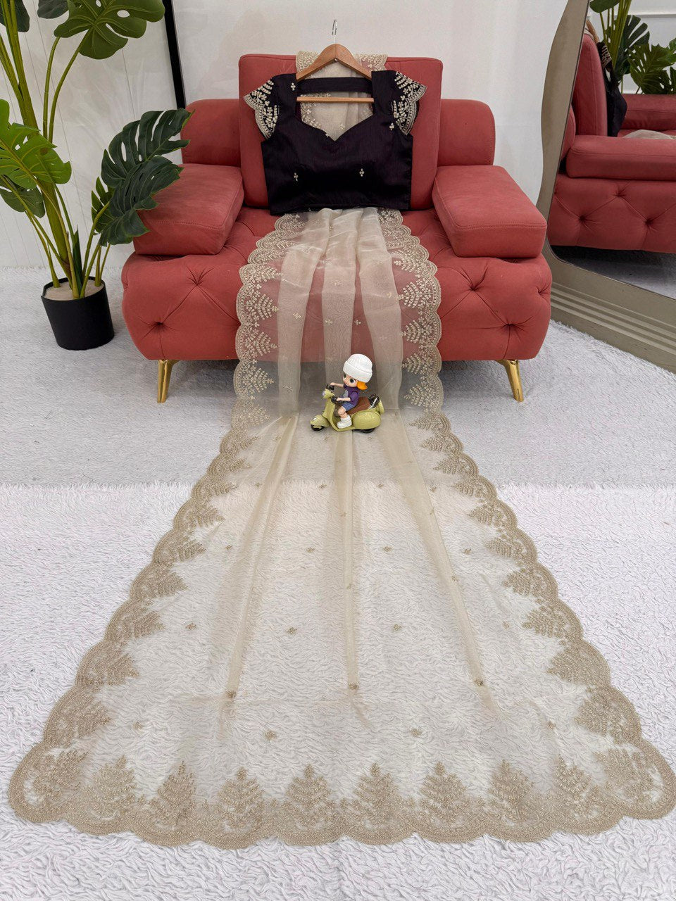 Lovely Cream Organza With Coding Work Saree