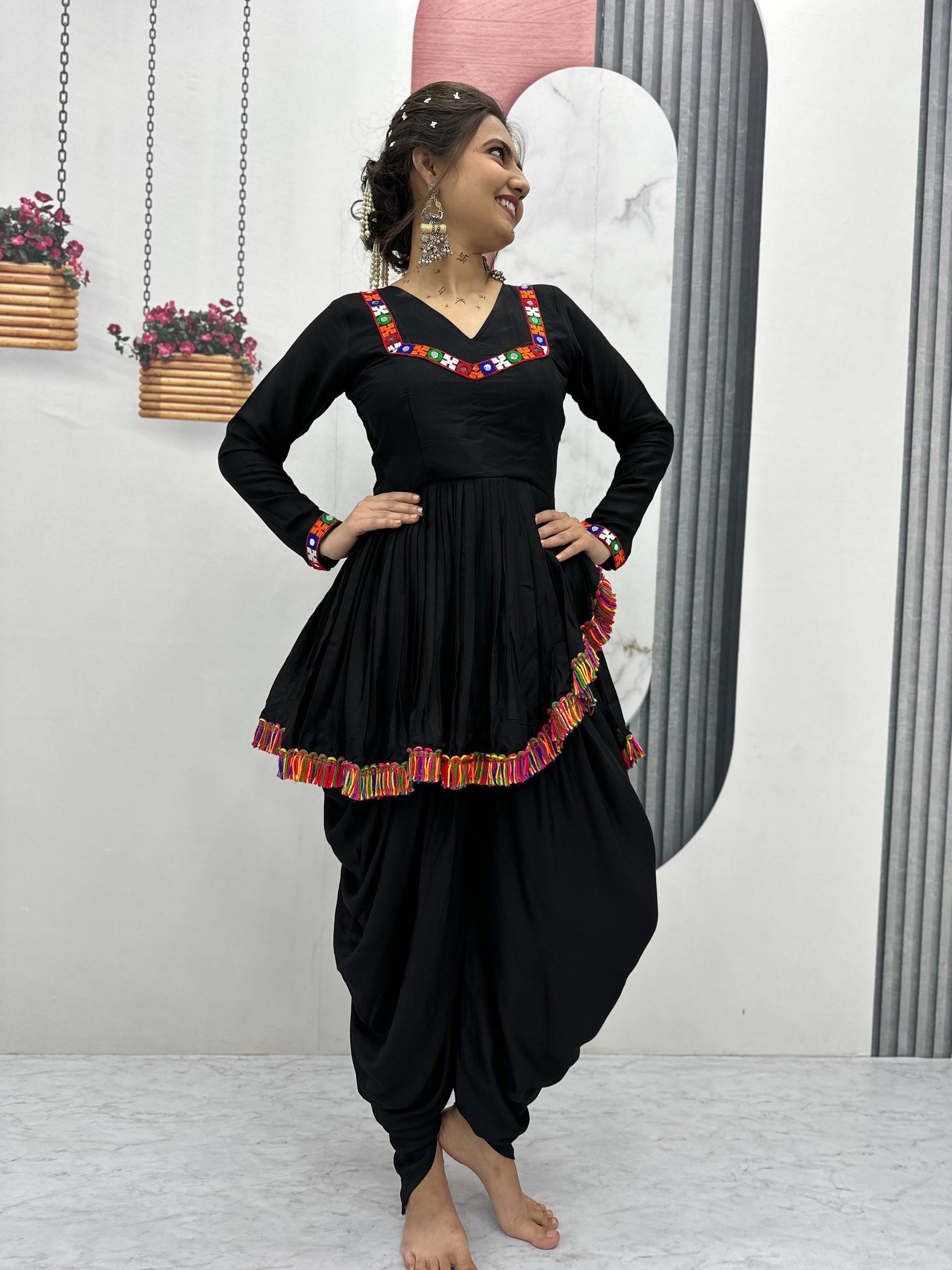 Ravishing Black Rayon Cotton Gamthi Work Dhoti Suit