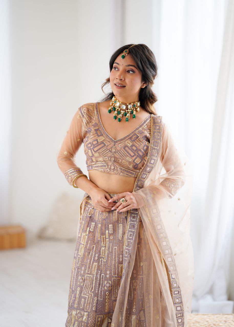 Lovely Beige Net Embroidery Work Lehenga Choli