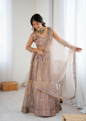 Lovely Beige Net Embroidery Work Lehenga Choli