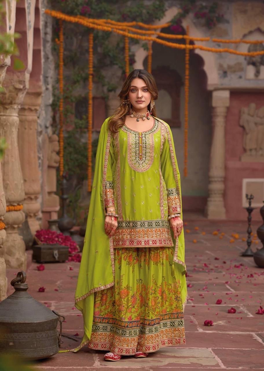 Trendy Orange Chinon Silk with Mirror Work Sharara Suit
