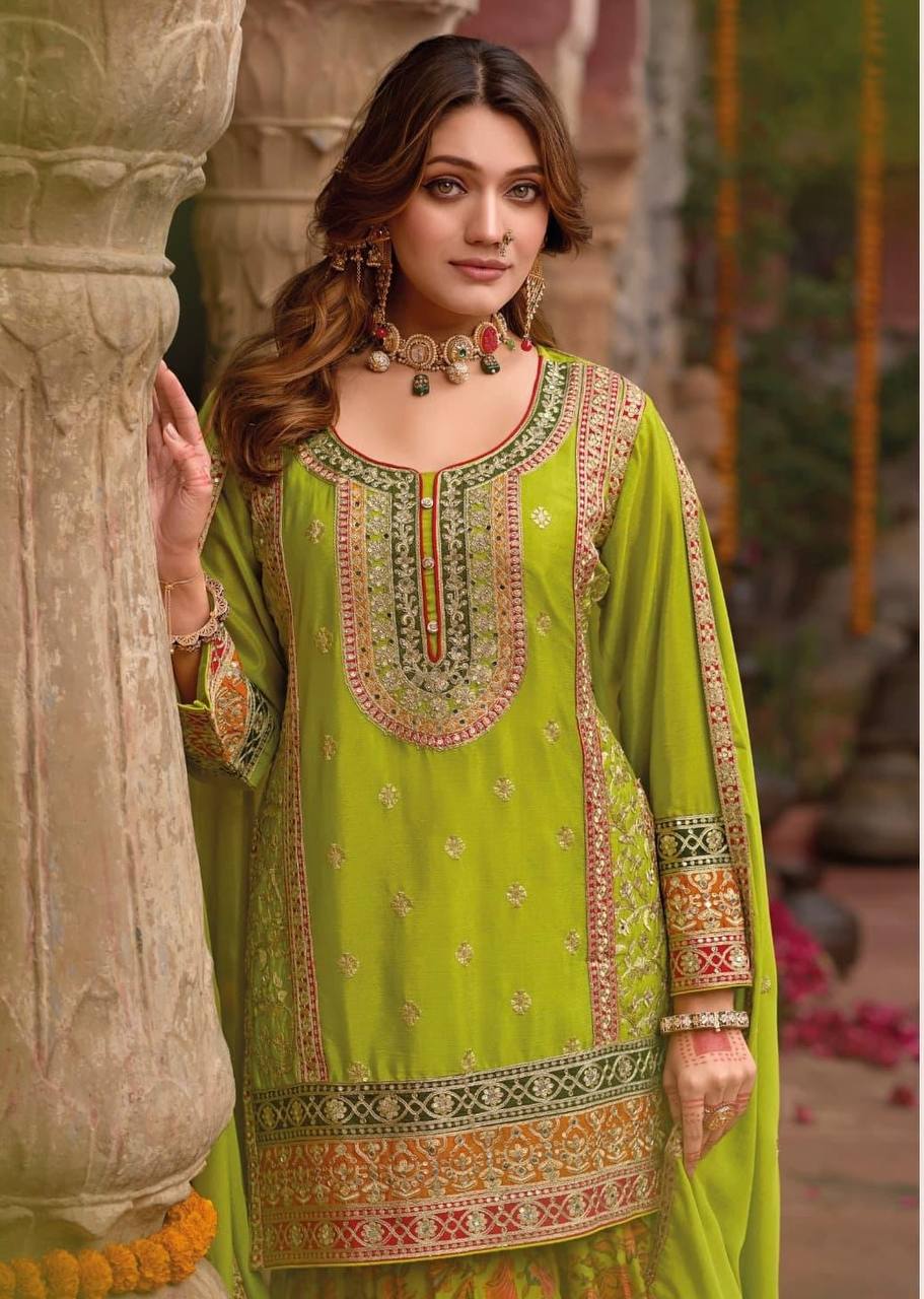Trendy Orange Chinon Silk with Mirror Work Sharara Suit