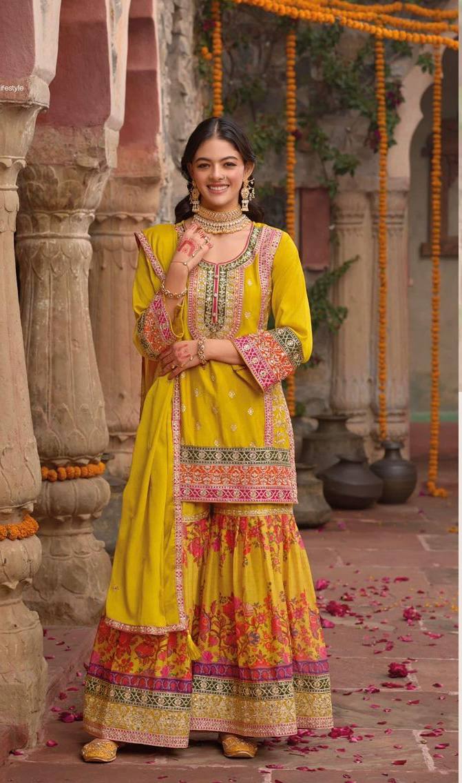 Trendy Orange Chinon Silk with Mirror Work Sharara Suit