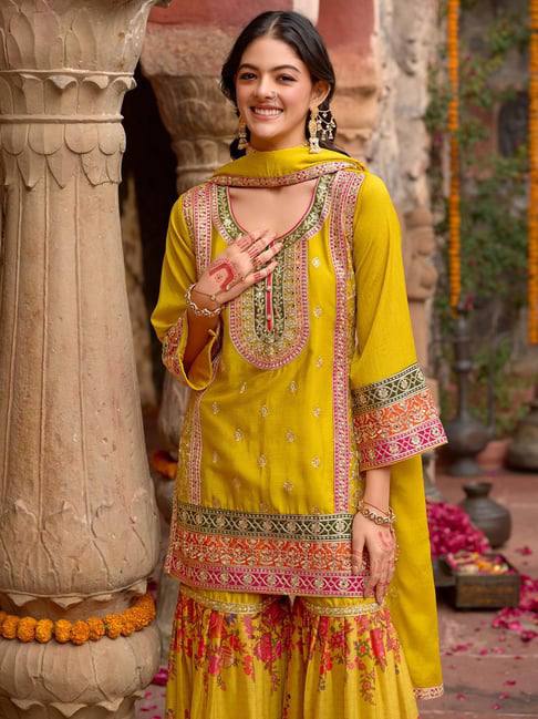 Trendy Orange Chinon Silk with Mirror Work Sharara Suit