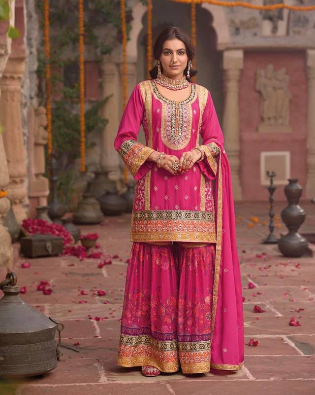 Trendy Orange Chinon Silk with Mirror Work Sharara Suit