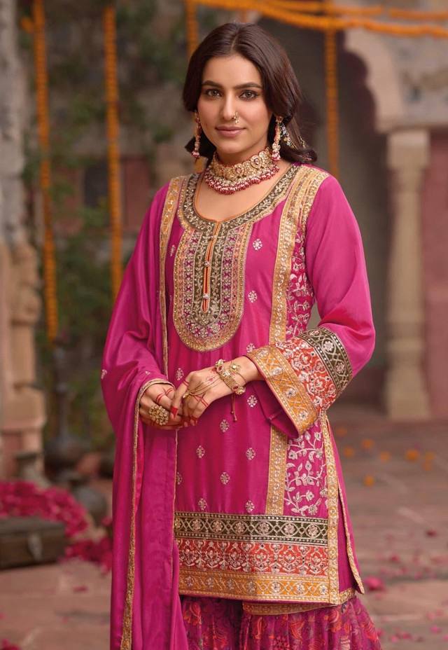 Trendy Orange Chinon Silk with Mirror Work Sharara Suit
